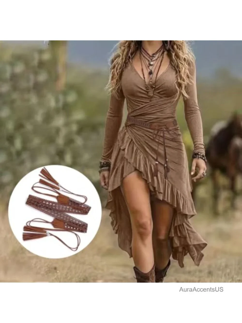 Boho Braided Tassel Belt for Women - Faux Leather Western Cowgirl Waistband,